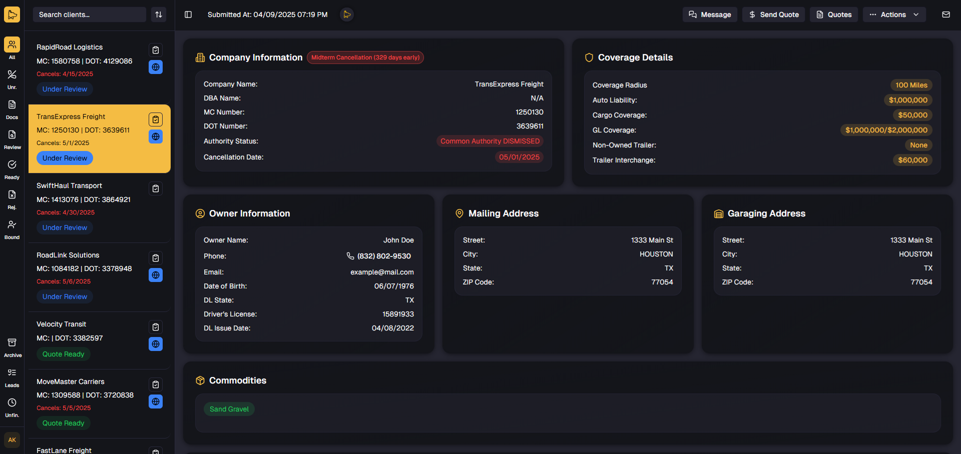 QuoteCraft Insurance Dashboard